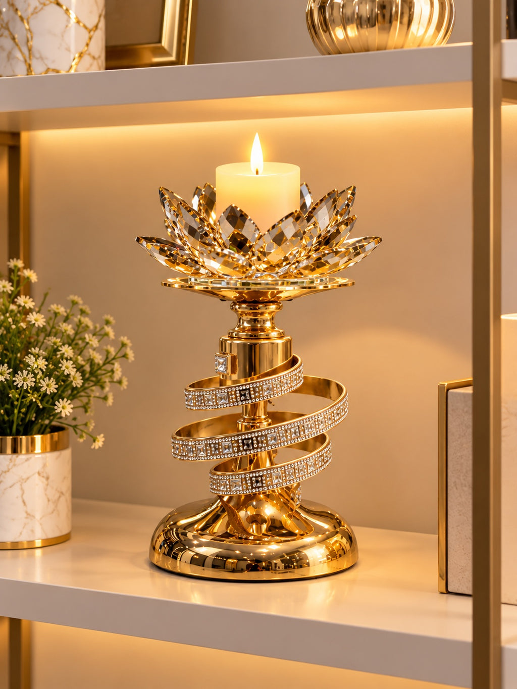 Luxury Gold Crystal Lotus Candle Holder – Spiral Rhinestone Candle Stand