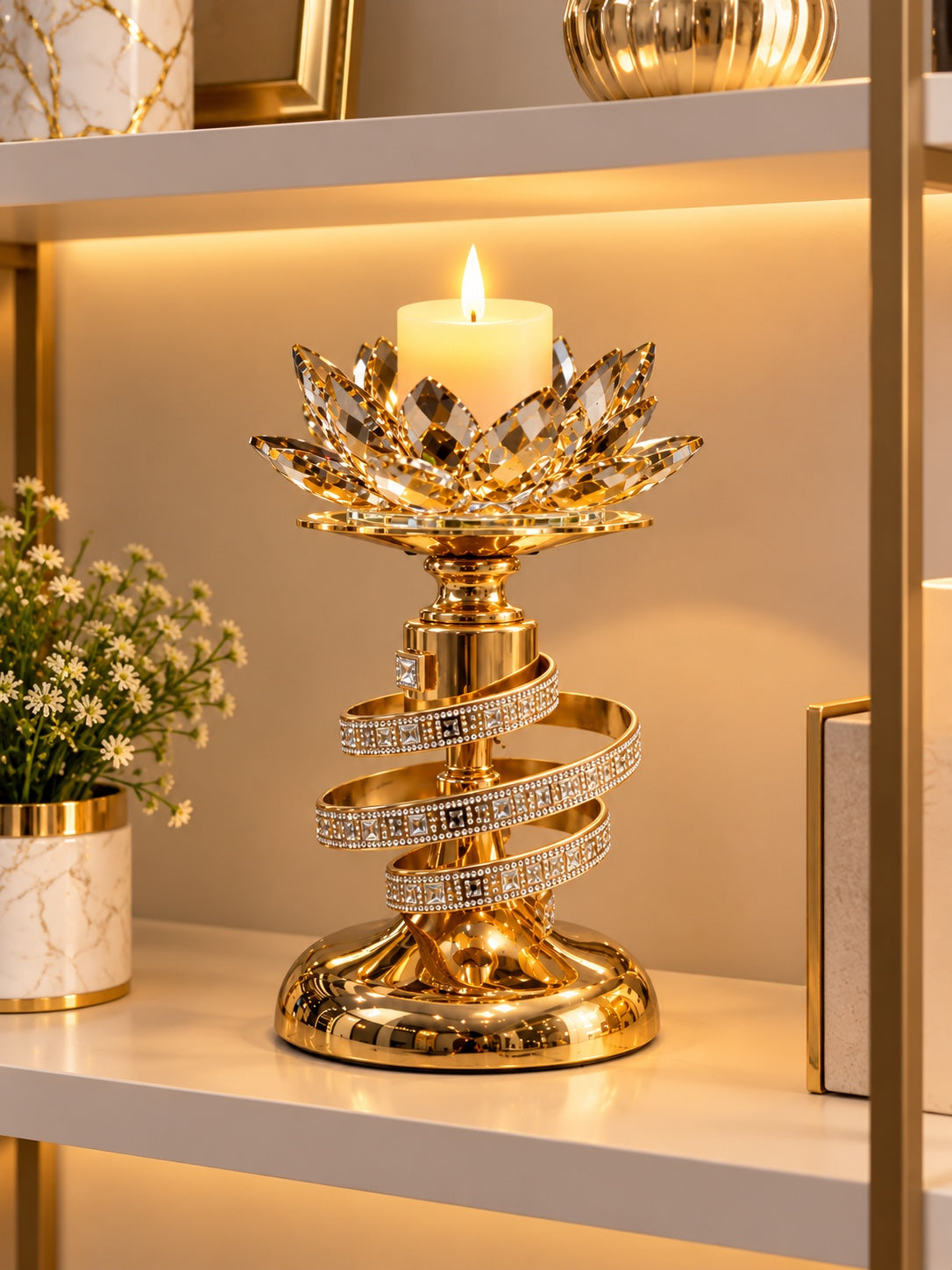 Luxury Gold Crystal Lotus Candle Holder – Spiral Rhinestone Candle Stand