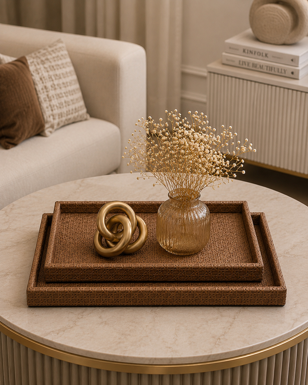 Luxury Leather Serving Tray Set | Brown Decorative Nesting Trays | Coffee Table & Ottoman Organizer (Set of 2)