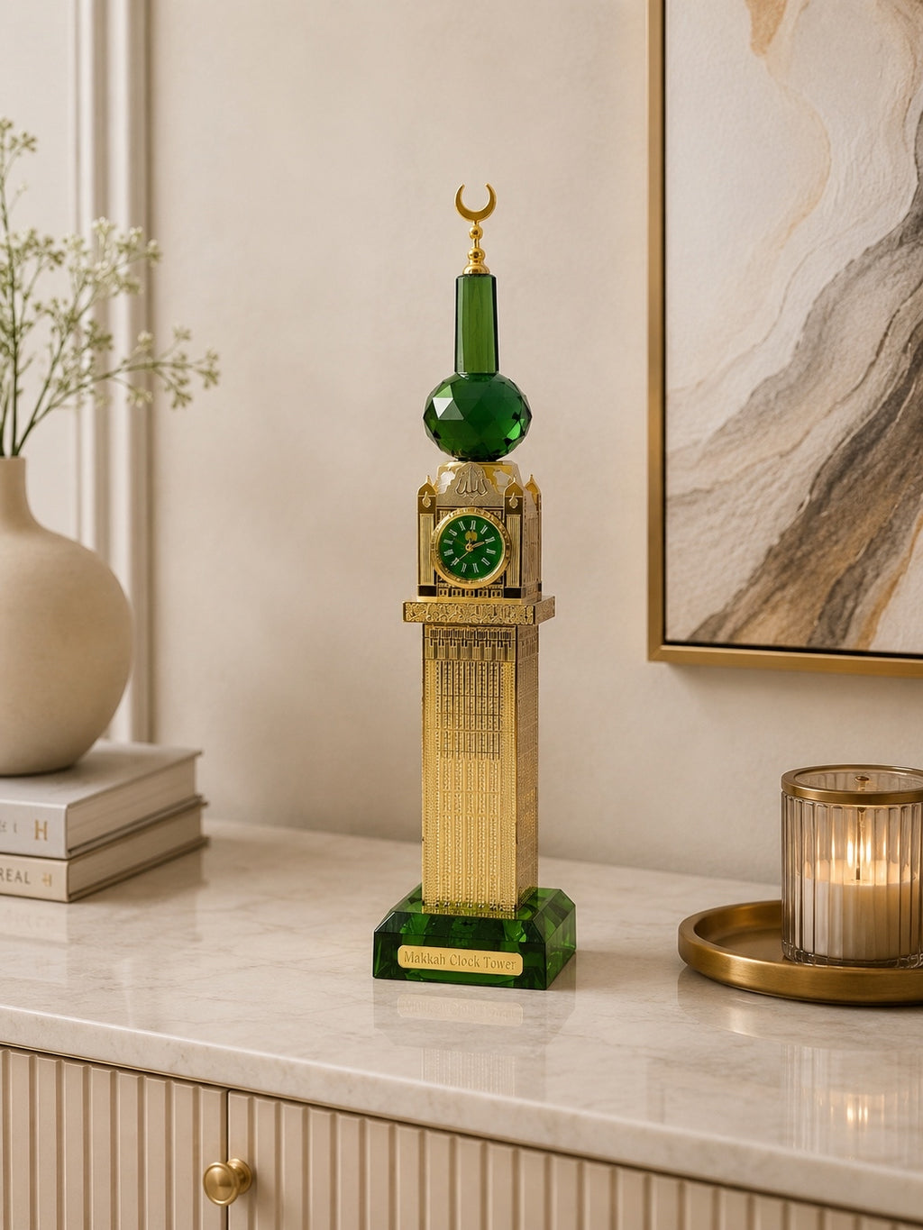 Luxury Makkah Clock Tower Islamic Decorative Showpiece – Green & Gold Tabletop Décor