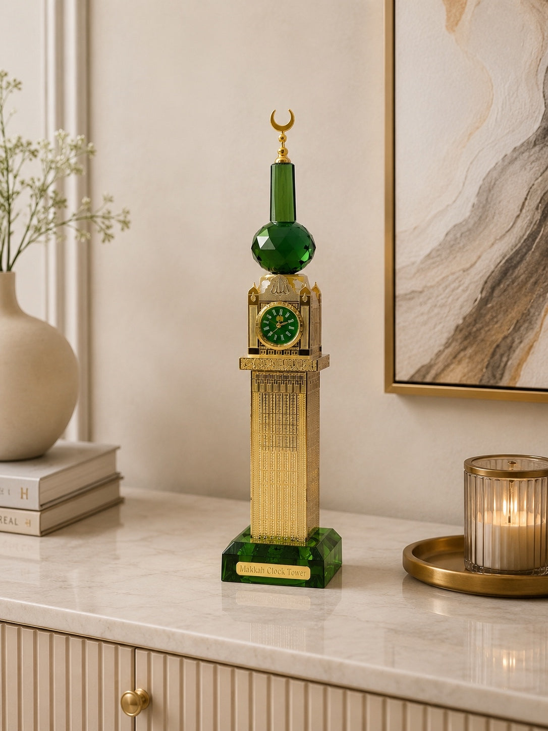 Luxury Makkah Clock Tower Islamic Decorative Showpiece – Green & Gold Tabletop Décor
