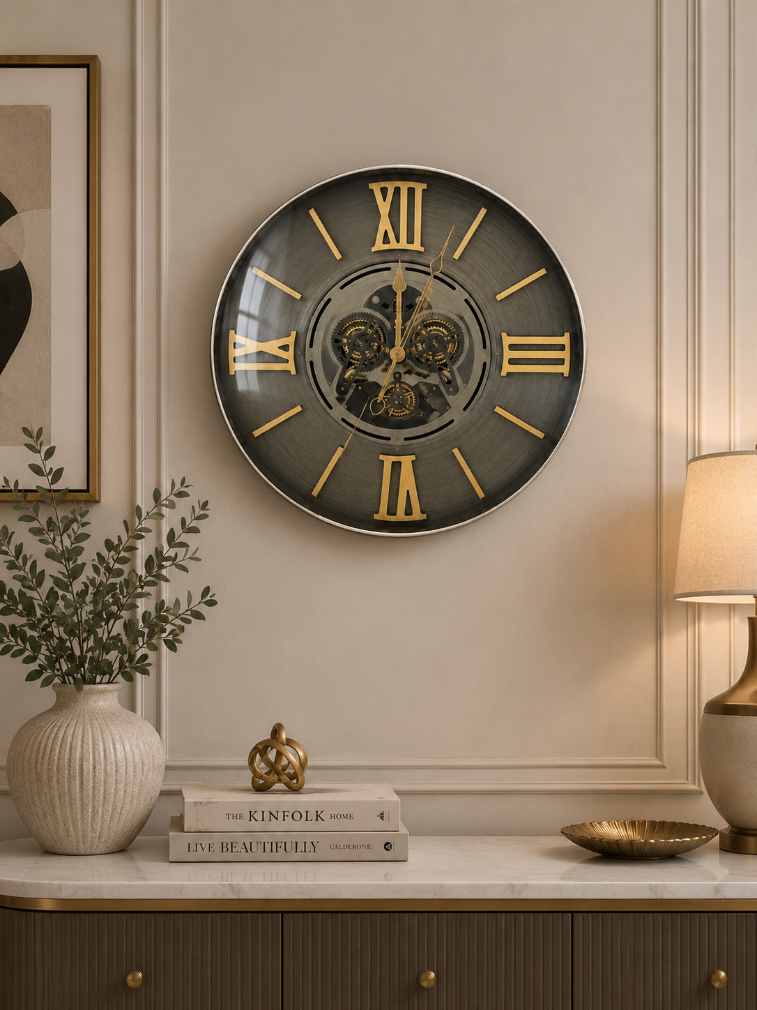 Luxury Vintage Skeleton Wall Clock – Black & Gold Roman Numeral Decorative Clock