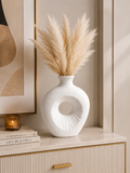 Modern White Ceramic Decorative Vase – Textured Round Cut-Out Design