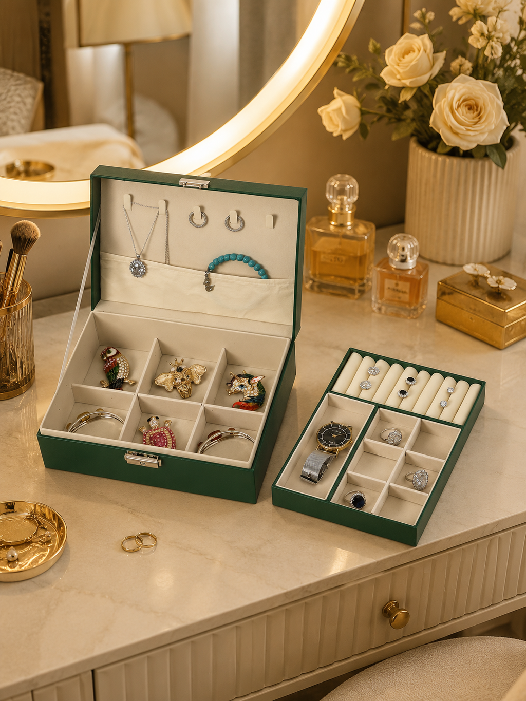 Luxury Lockable Jewelry Storage Box | PU Leather Jewelry Organizer with Removable Tray & Key