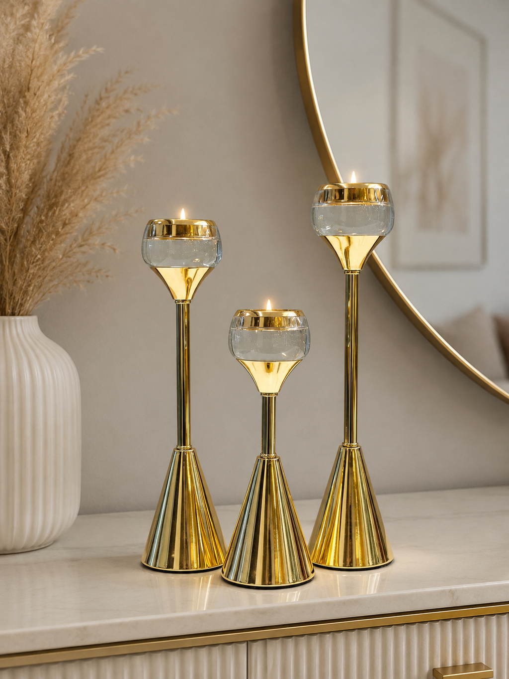 Luxury 3-Piece Gold Crystal Glass Candle Holder Set | Modern Metal Tealight Stands | Elegant Table Centerpiece