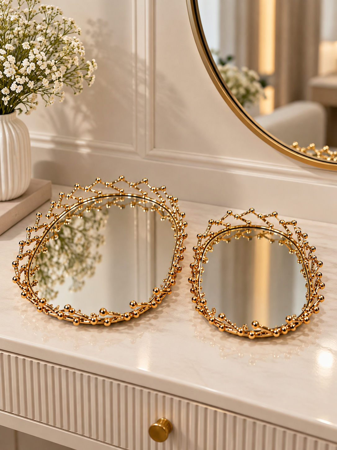 Luxury Golden Beaded Decorative Mirror Tray Set – Elegant Vanity & Home Décor
