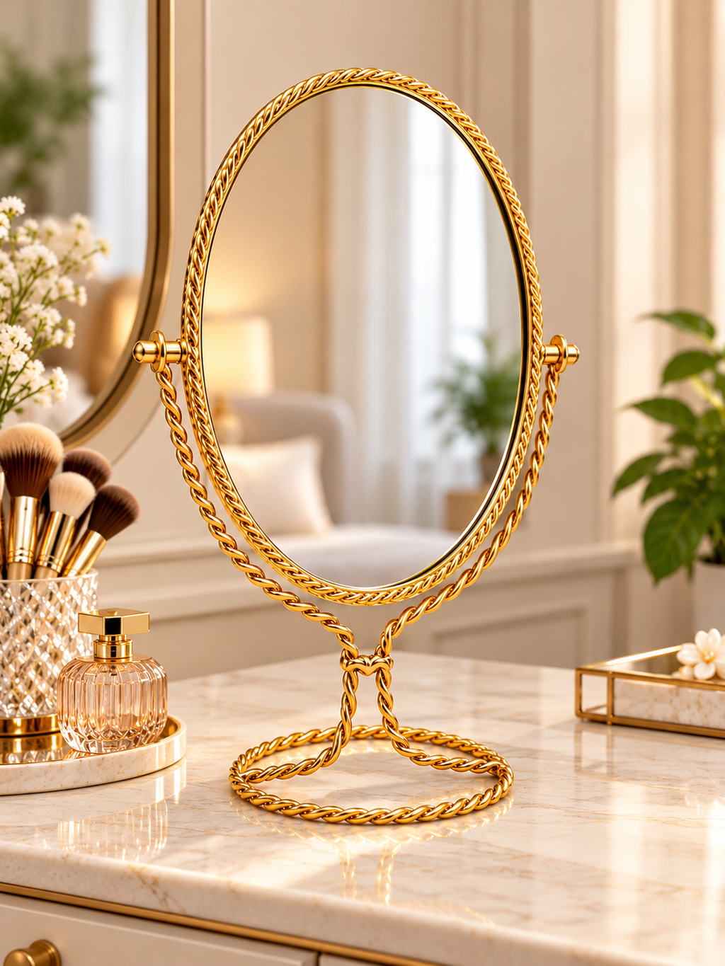 Luxury Gold Oval Tabletop Vanity Mirror with Twisted Rope Frame – Elegant Dressing Table Makeup Mirror