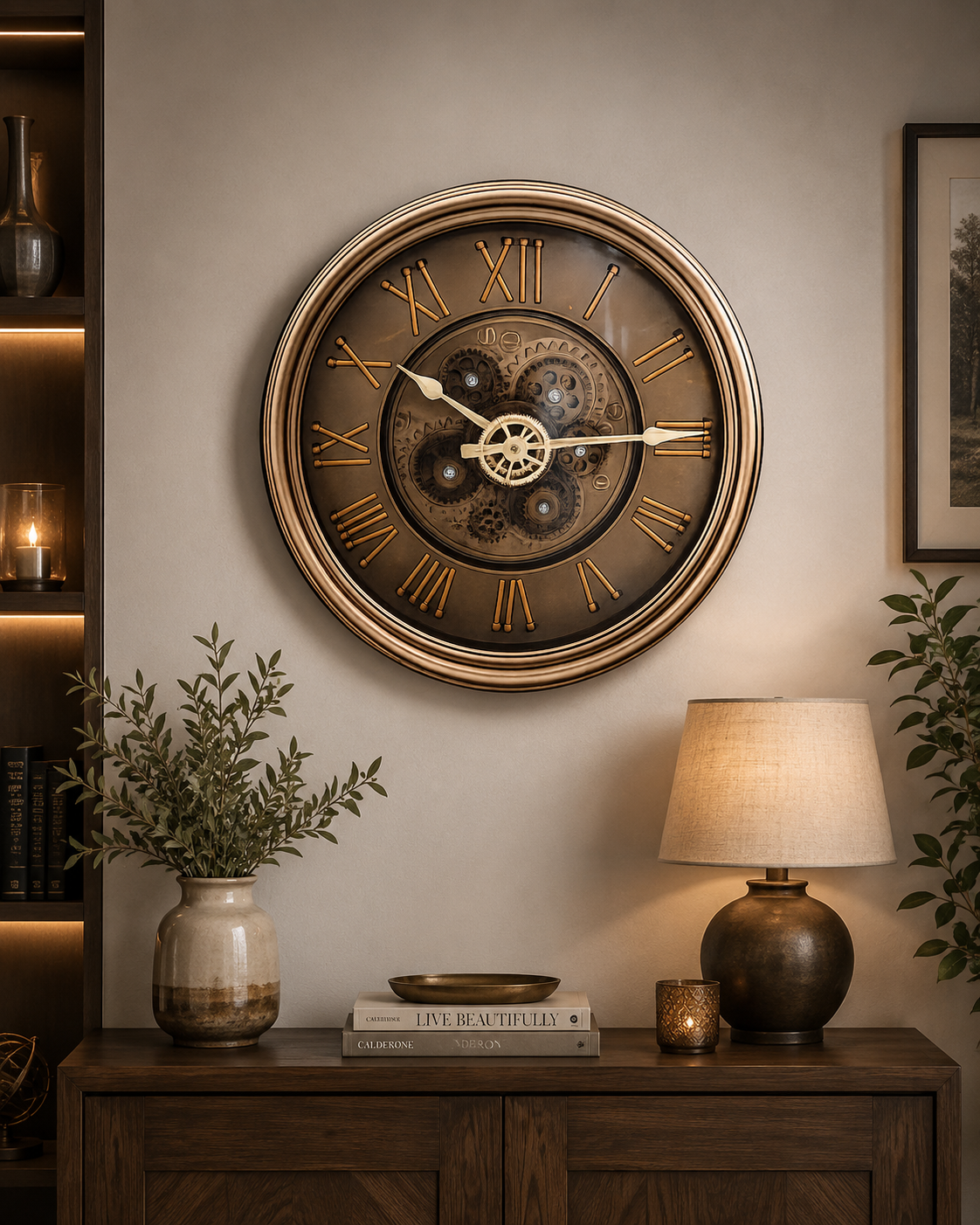 Luxury Antique Bronze Moving Gear Wall Clock – Vintage Silent Decorative Wall Clock with Roman Numerals
