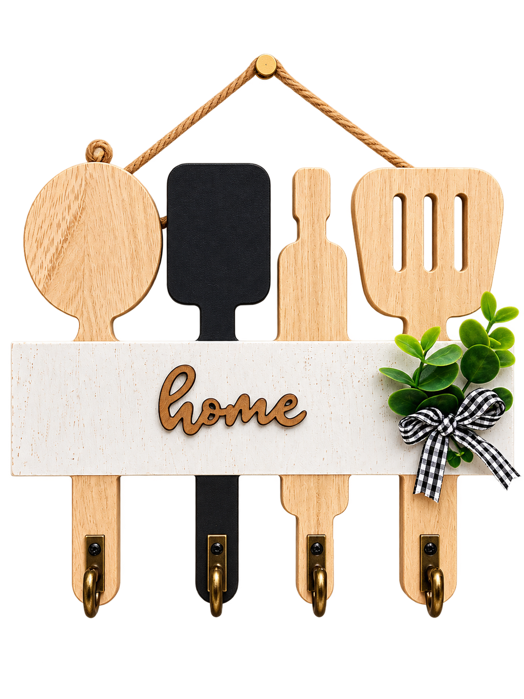 Home Wooden Key Holder Wall Decor – Rustic Kitchen Utensil Key Organizer with 4 Hooks
