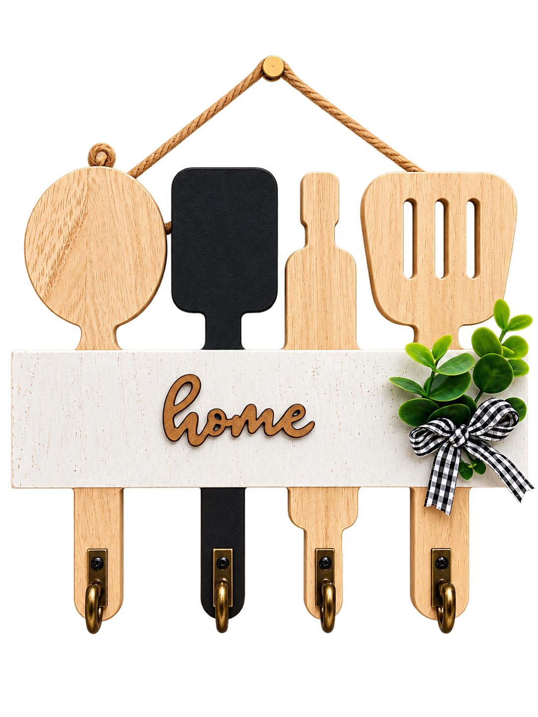 Home Wooden Key Holder Wall Decor – Rustic Kitchen Utensil Key Organizer with 4 Hooks