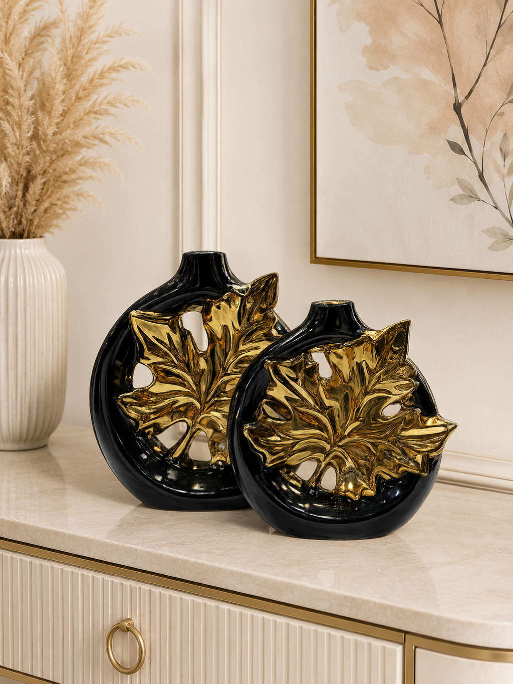 Modern Black & Gold Leaf Decorative Vase Set | Luxury Resin Flower Vase Set of 2 for Home Décor