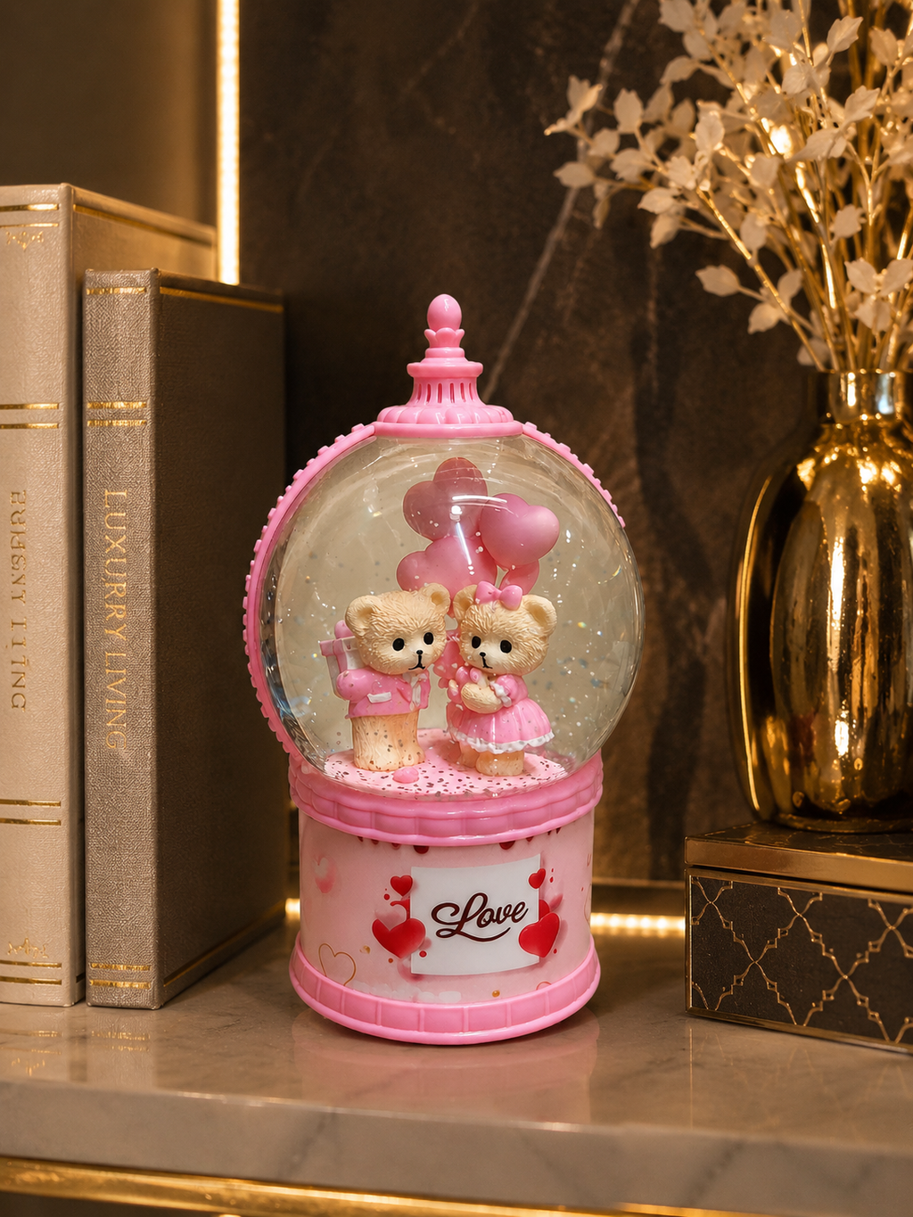 Romantic Teddy Bear Couple Snow Globe – Sweet 'Love' Musical Glass Dome Table Decor
