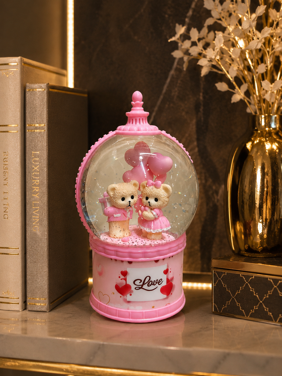 Romantic Teddy Bear Couple Snow Globe – Sweet 'Love' Musical Glass Dome Table Decor