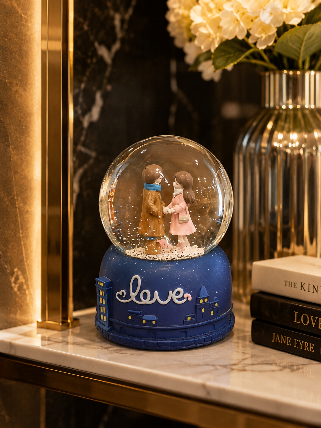 Romantic Winter Couple Snow Globe – Vintage 'Love' Deep Blue Music Box