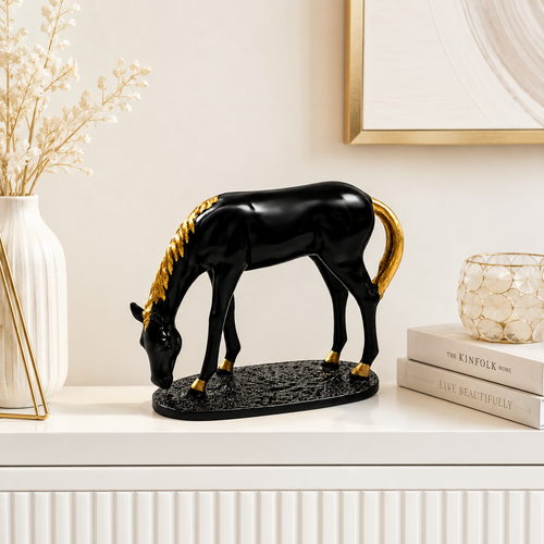 Fiber Horse "Elegant Horse" Grazing Horse Statue – 5-Inch Luxury Black & Gold Resin Art Figurine For Exquisite Home & Office Decor