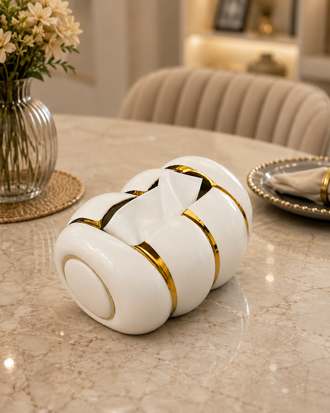 Luxury Ceramic Tissue Box Cover – Modern White & Gold Facial Tissue Holder for Home & Office Decor