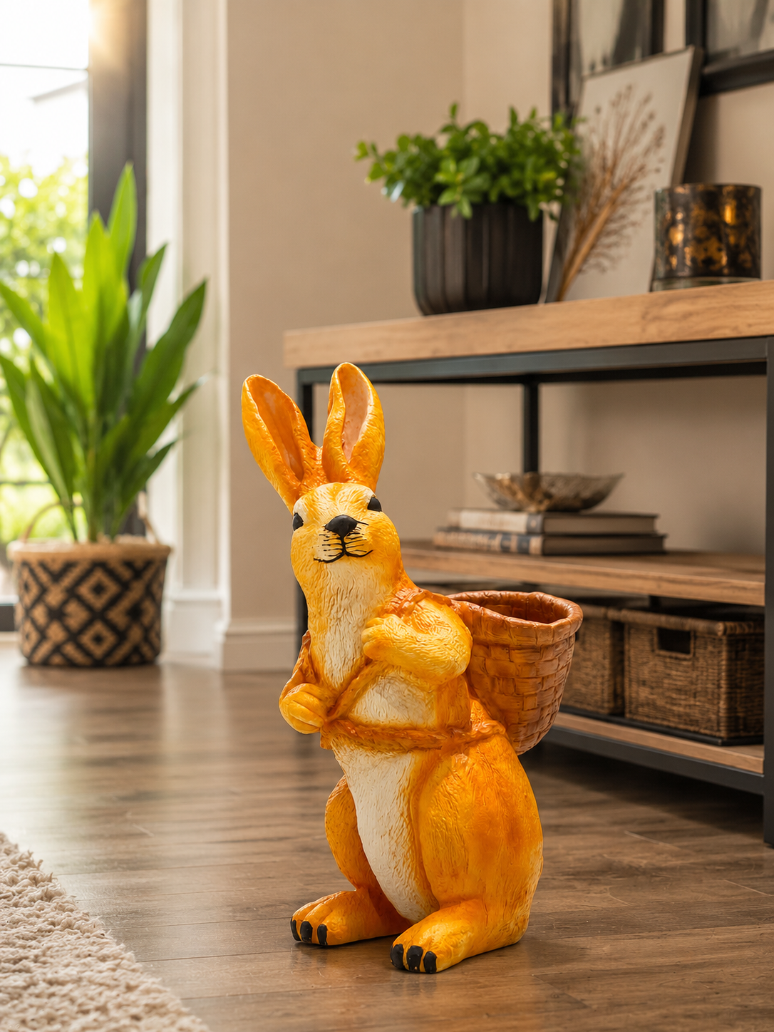 Cute Bunny Planter Statue with Basket – Decorative Resin Rabbit Flower Pot for Home & Garden Décor
