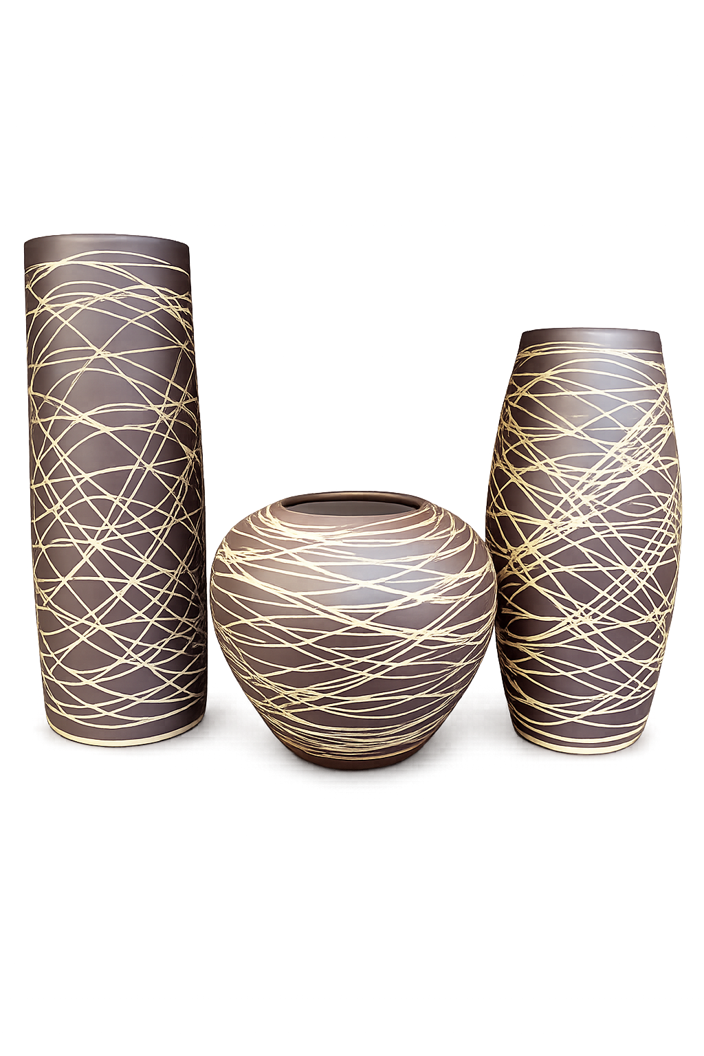 Set of 3 Modern Decorative Ceramic Vases | Brown & Gold Abstract Design