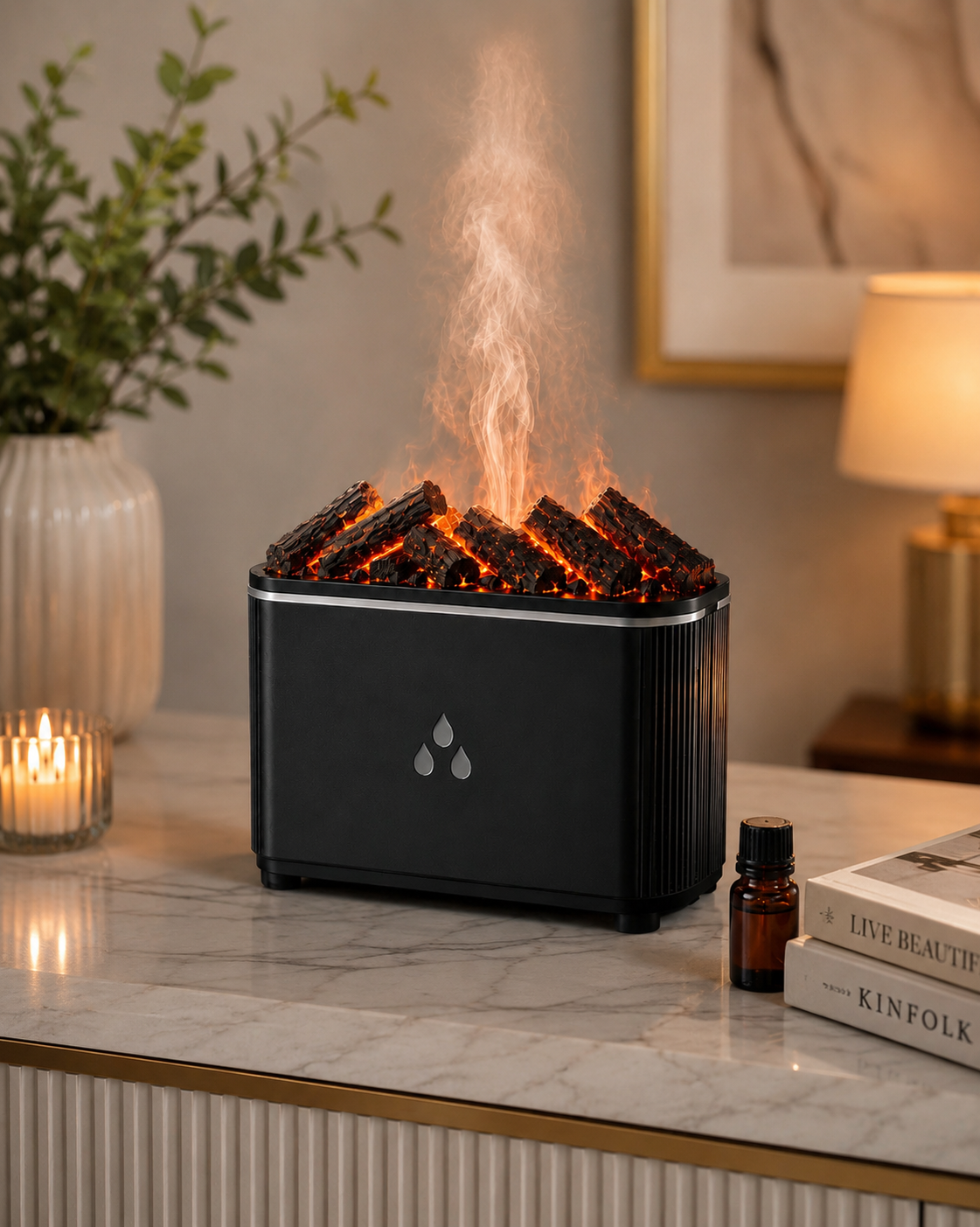 3D Flame Fireplace Aroma Diffuser & Cool Mist Humidifier with LED Flame Effect | Ultrasonic Essential Oil Diffuser
