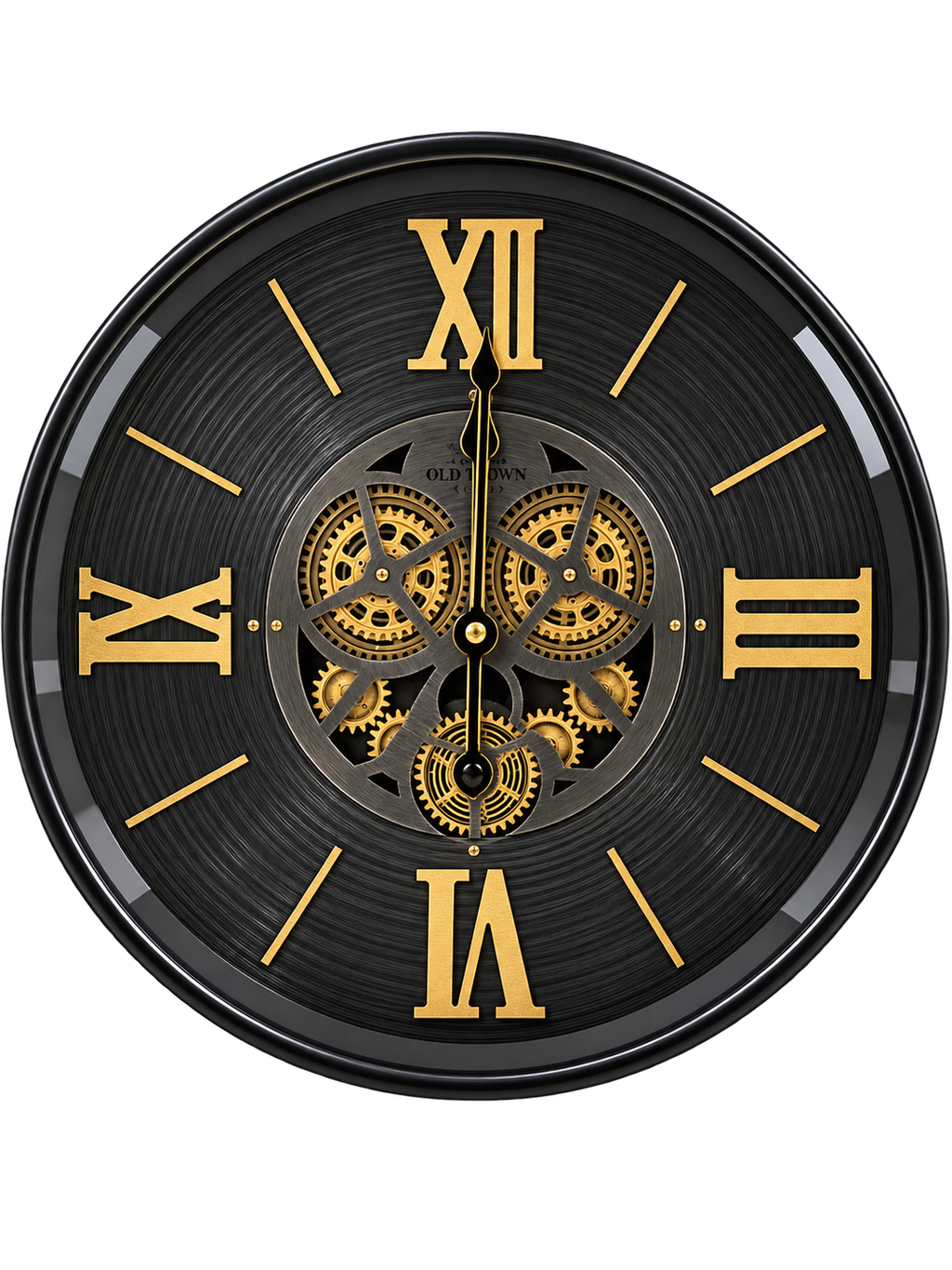 Luxury Black & Gold Roman Numeral Wall Clock with Exposed Gear Mechanism