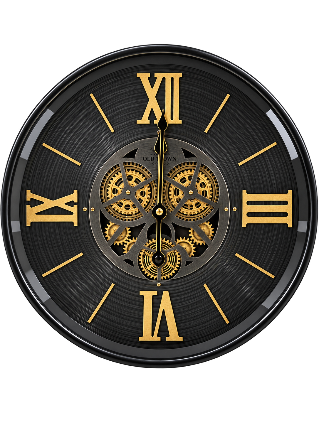 Luxury Black & Gold Roman Numeral Wall Clock with Exposed Gear Mechanism