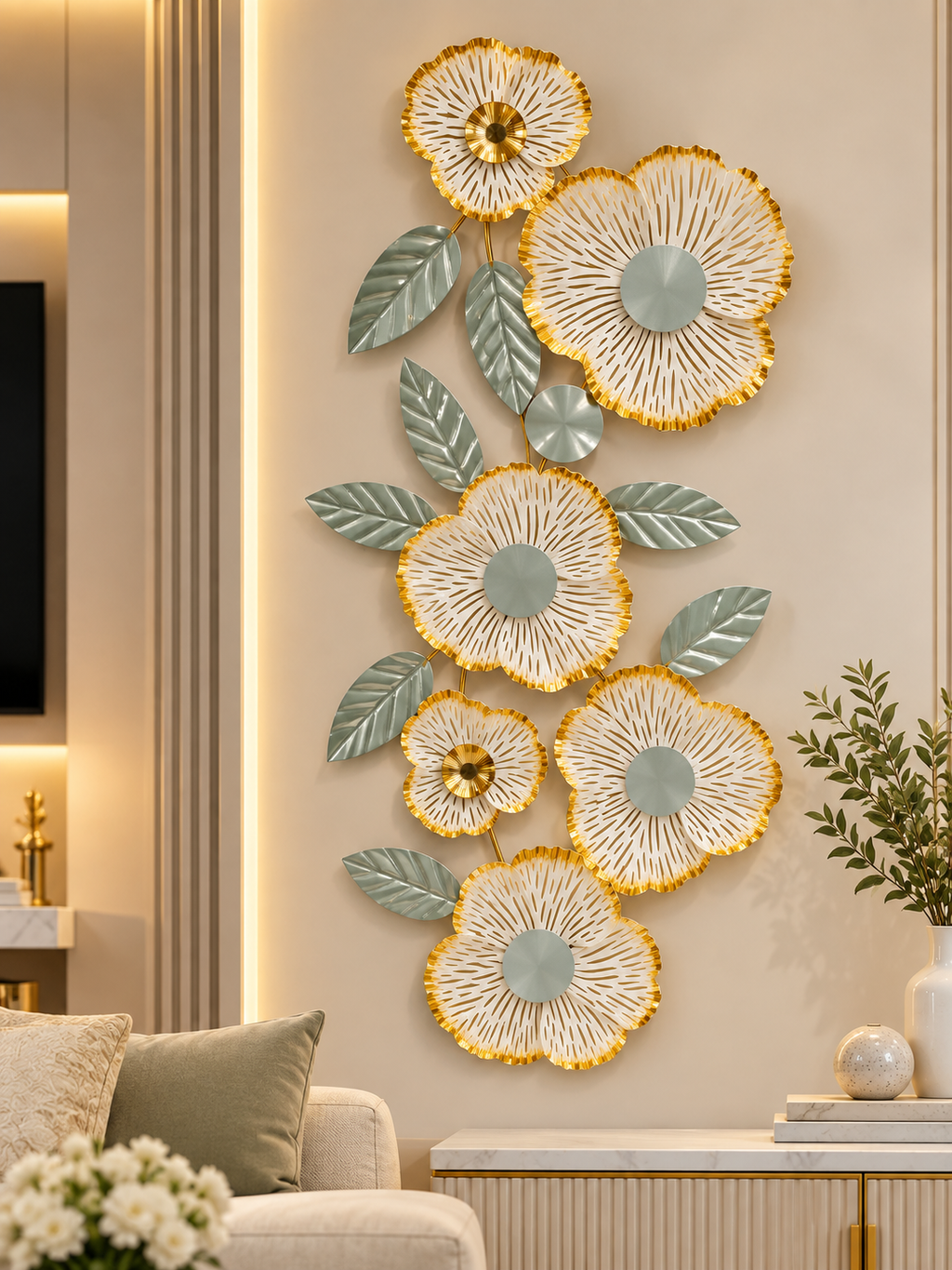 Elegant Gold & Silver Floral Wall Clock – Luxury Metal Flower Wall Decor