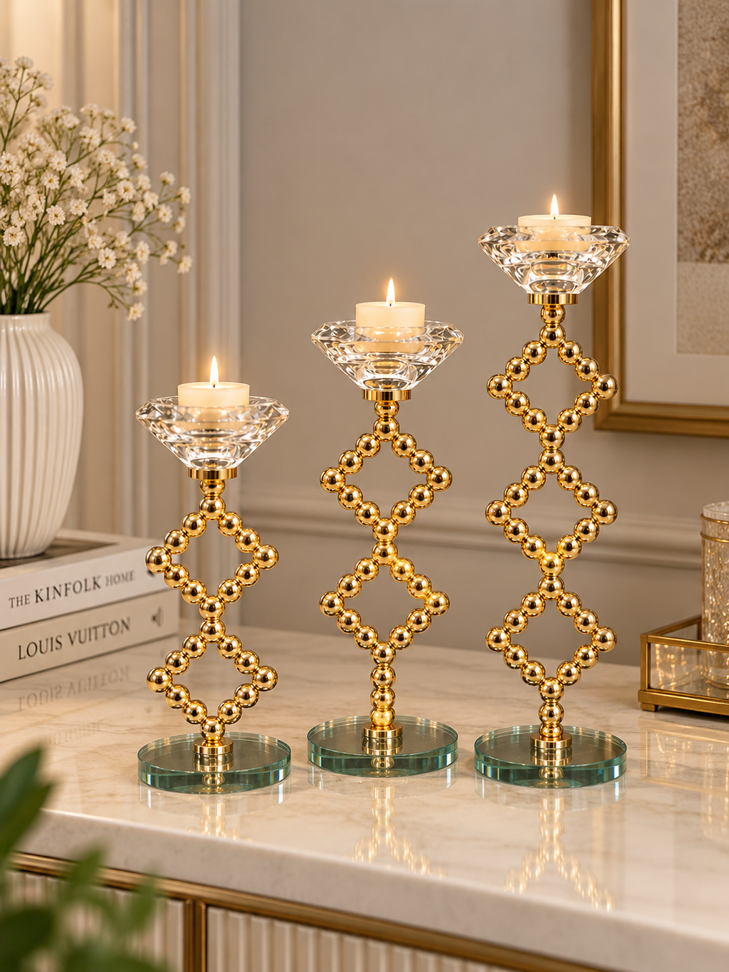 Luxury Gold & Crystal 3-Piece Candle Stand Set – Elegant Decorative Candle Holders