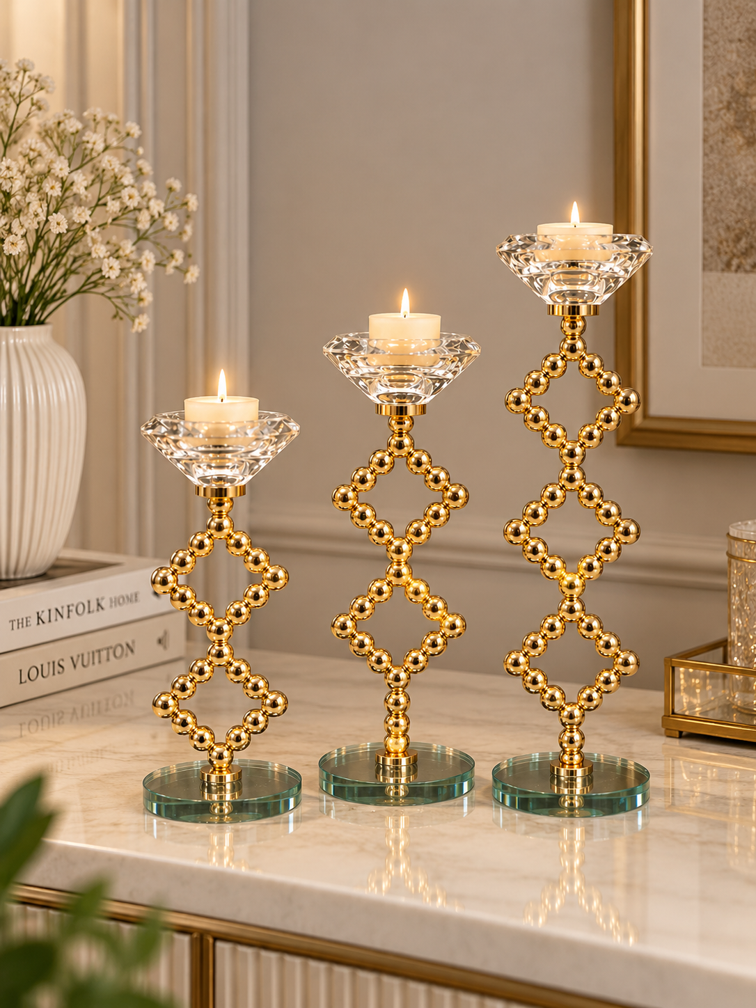 Luxury Gold & Crystal 3-Piece Candle Stand Set – Elegant Decorative Candle Holders