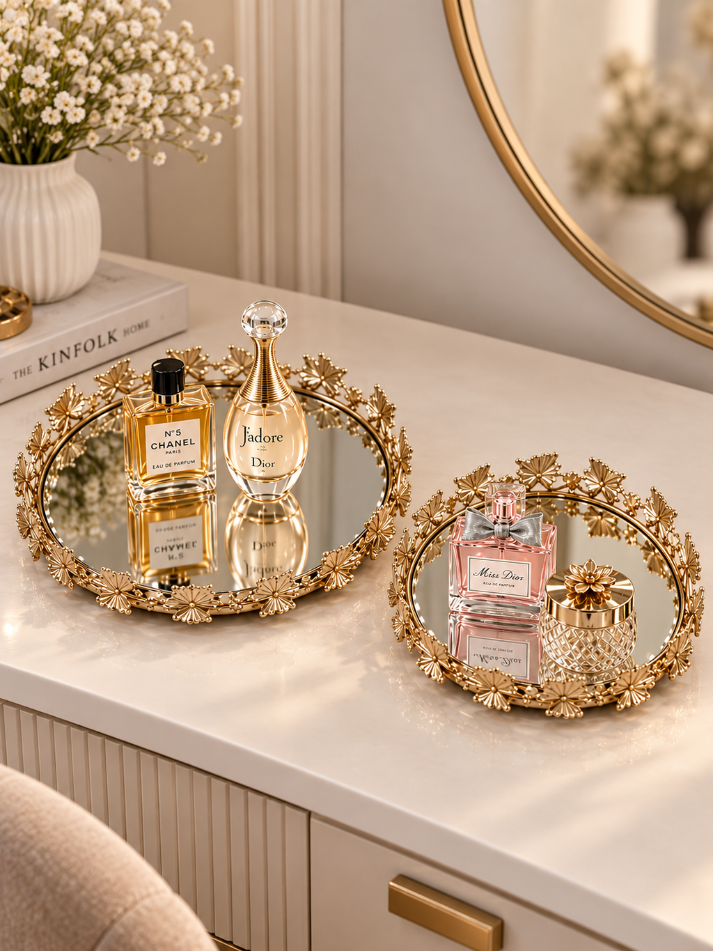 Luxury Gold Floral Mirrored Tray Set of 2 – Elegant Decorative Vanity & Serving Trays