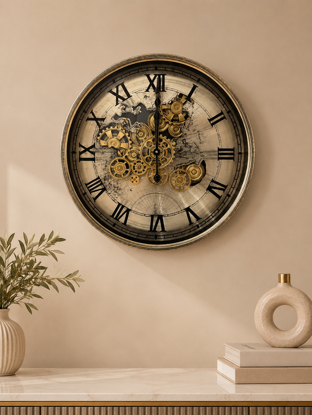 Luxury Vintage World Map Skeleton Wall Clock – Black & Gold Roman Numeral Design