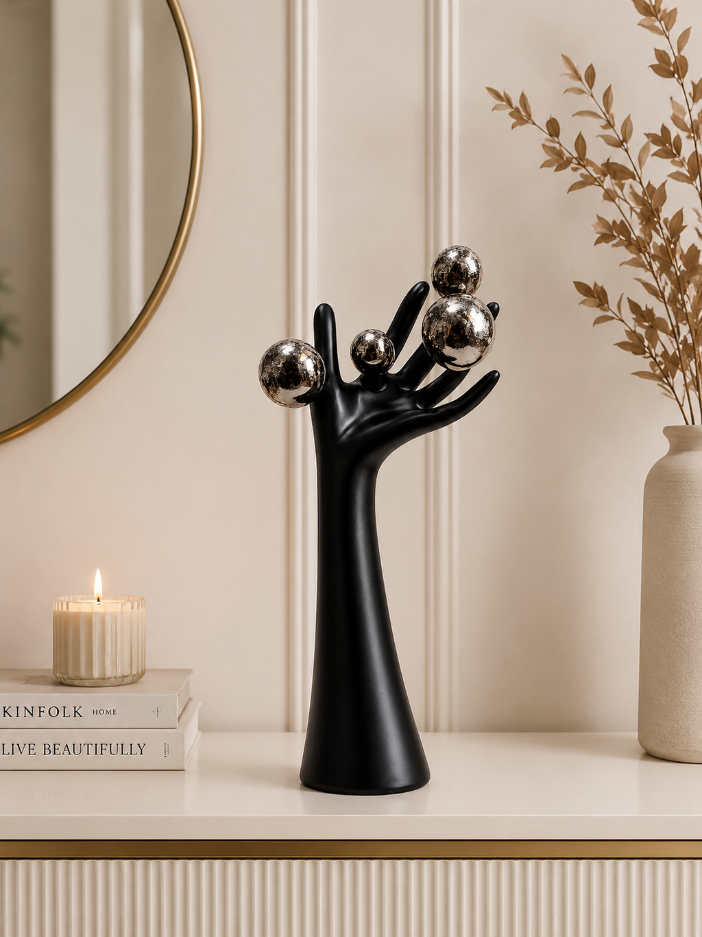 Modern Abstract Hand Sculpture with Metallic Spheres – Luxury Resin Decorative Accent for Home & Office