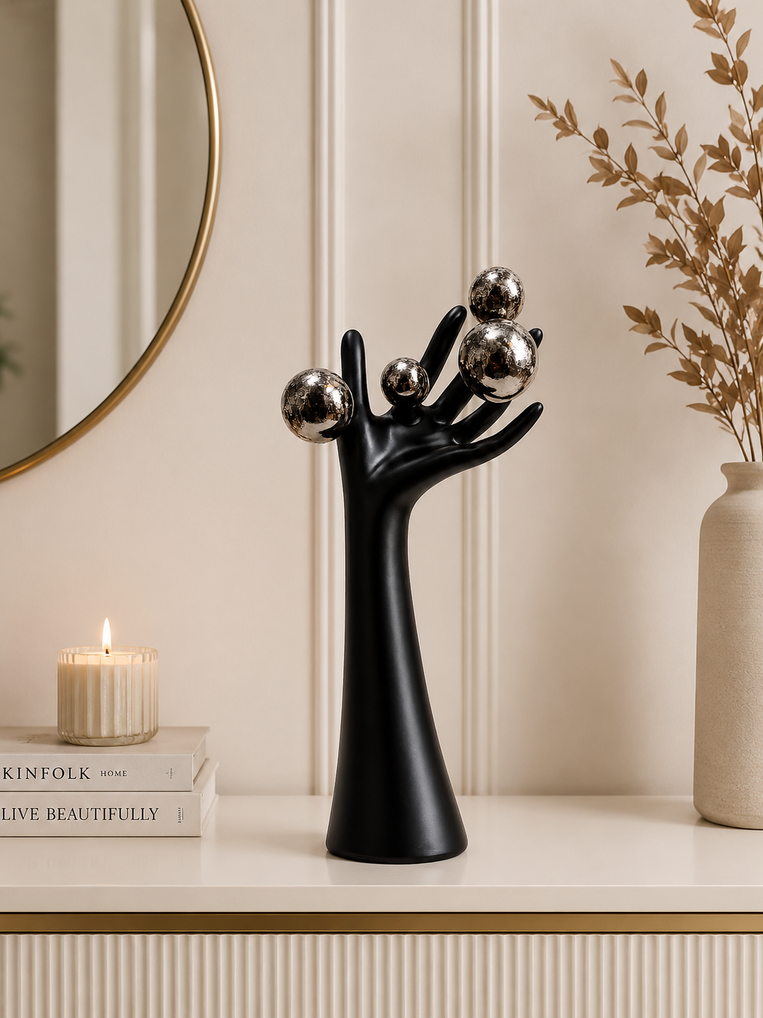 Modern Abstract Hand Sculpture with Metallic Spheres – Luxury Resin Decorative Accent for Home & Office