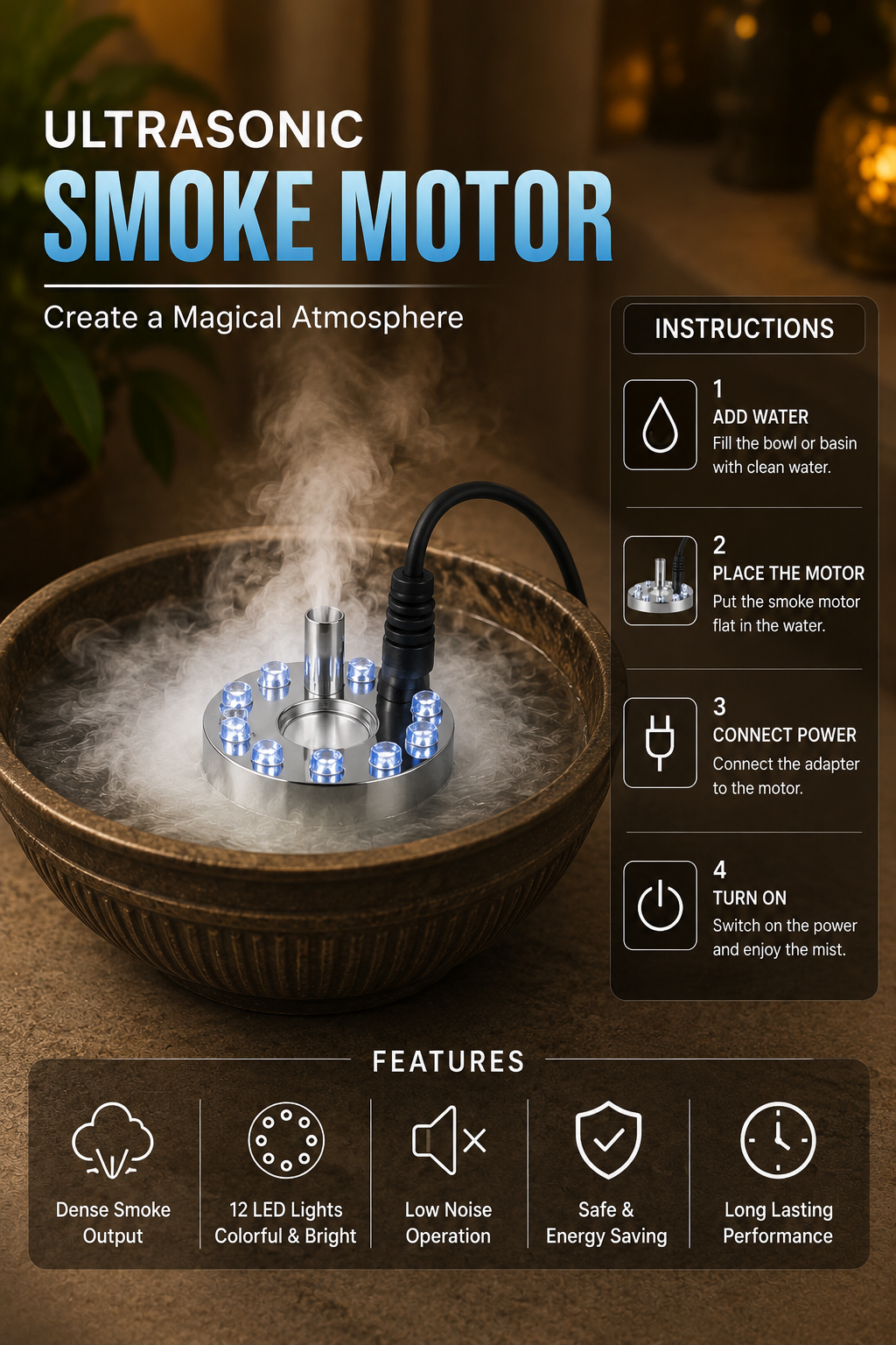12 LED Ultrasonic Smoke Motor for Indoor Water Fountains | Mist Maker Fog Generator with Power Adapter