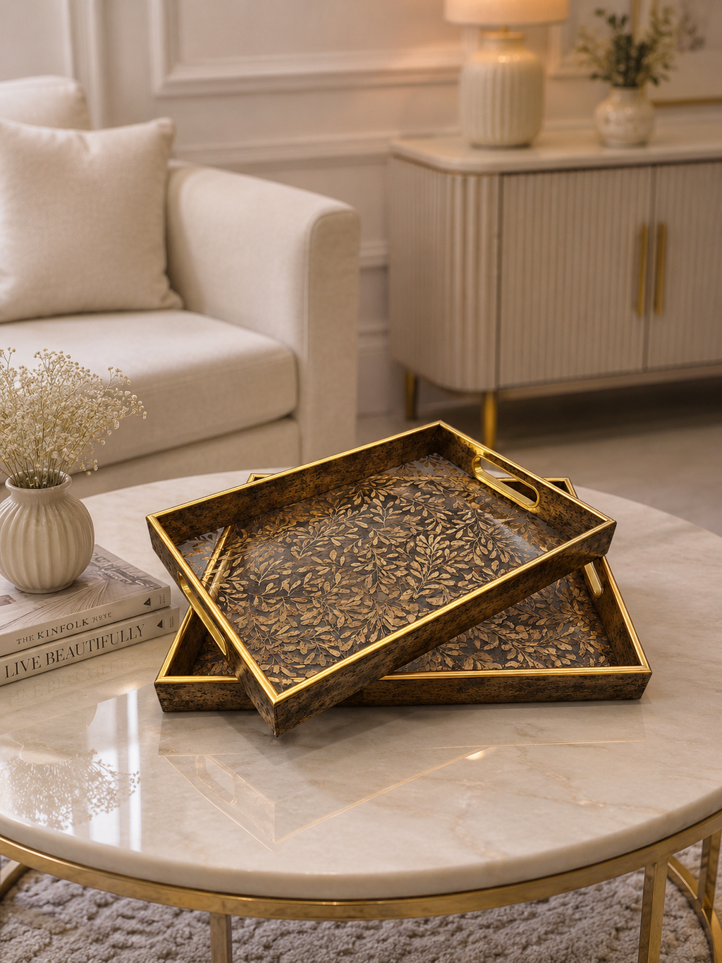 Luxury Antique Gold Leaf Pattern Serving Tray Set – Acrylic Decorative Trays (Set of 2)