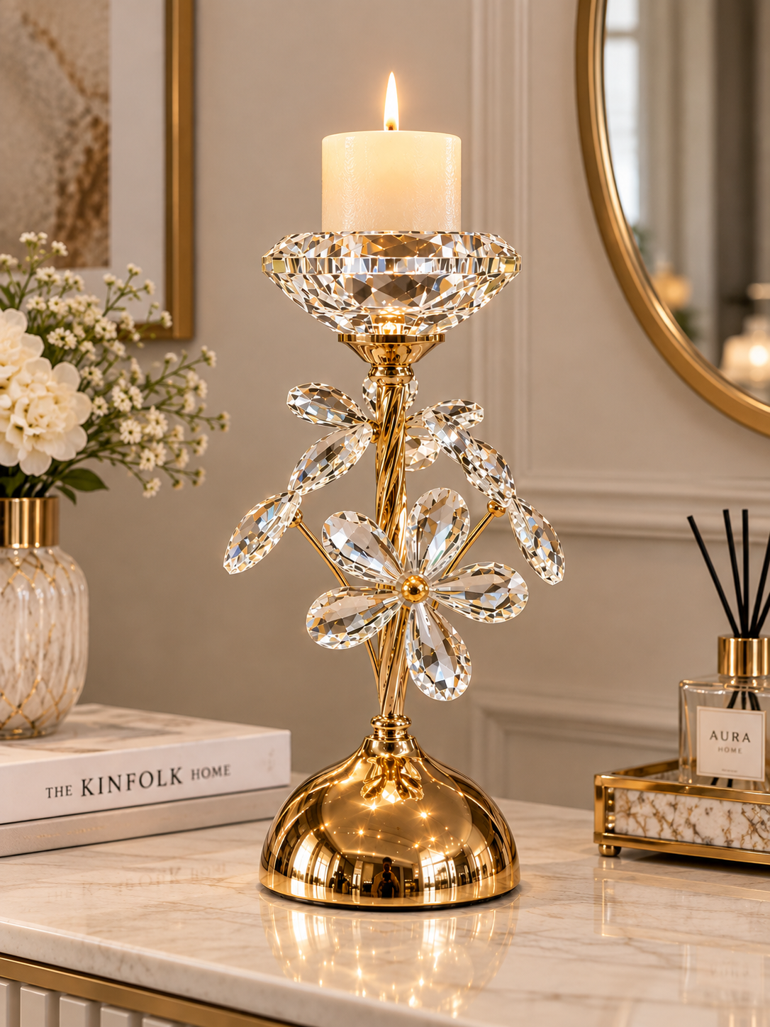 Luxury Crystal Floral Candle Stand – Gold Decorative Candle Holder