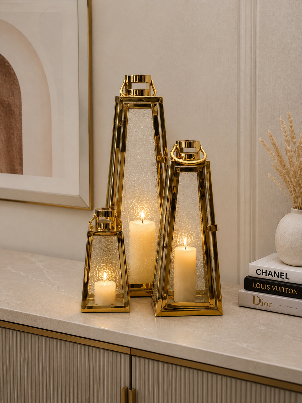 3-Piece Gold Metal & Textured Glass Lantern Candle Holder Set | Decorative Lanterns