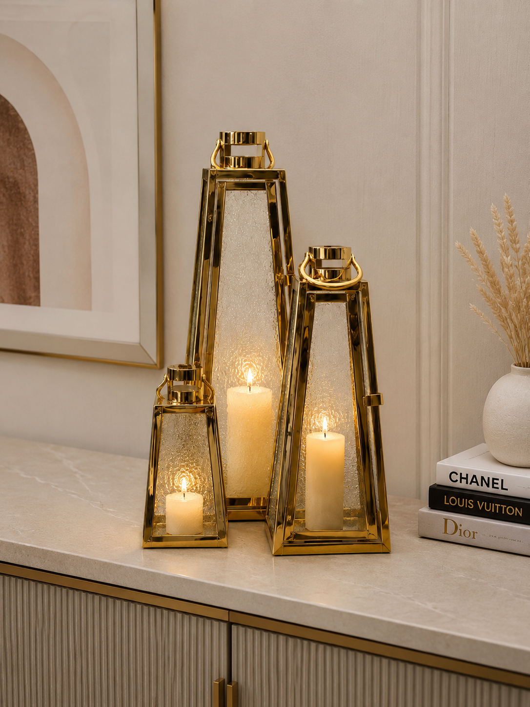 3-Piece Gold Metal & Textured Glass Lantern Candle Holder Set | Decorative Lanterns