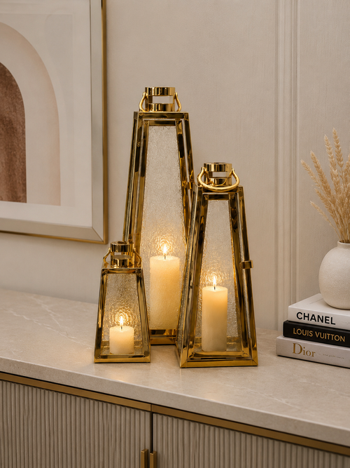 3-Piece Gold Metal & Textured Glass Lantern Candle Holder Set | Decorative Lanterns