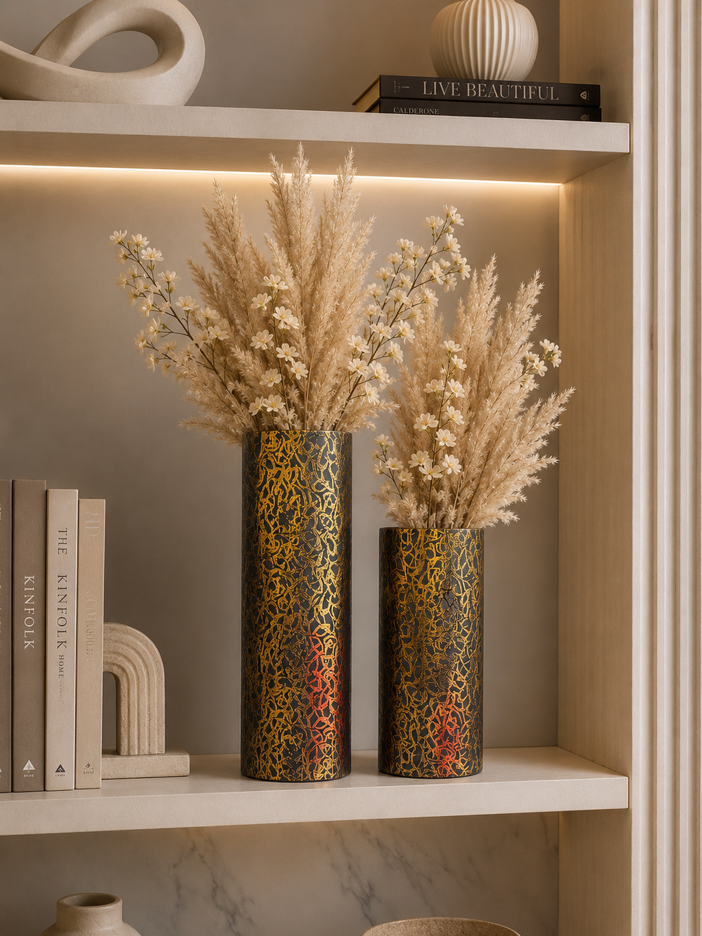 Luxury Black & Gold Decorative Cylinder Vase Set (2 Pieces) – Modern Metal Flower Vases for Home Décor
