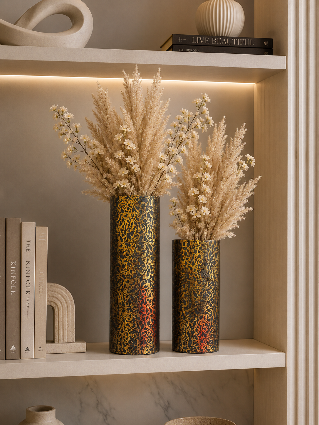 Luxury Black & Gold Decorative Cylinder Vase Set (2 Pieces) – Modern Metal Flower Vases for Home Décor