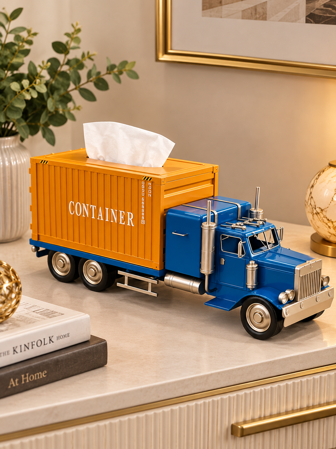 Vintage Blue & Orange Container Truck Tissue Holder – Unique Industrial Home Décor