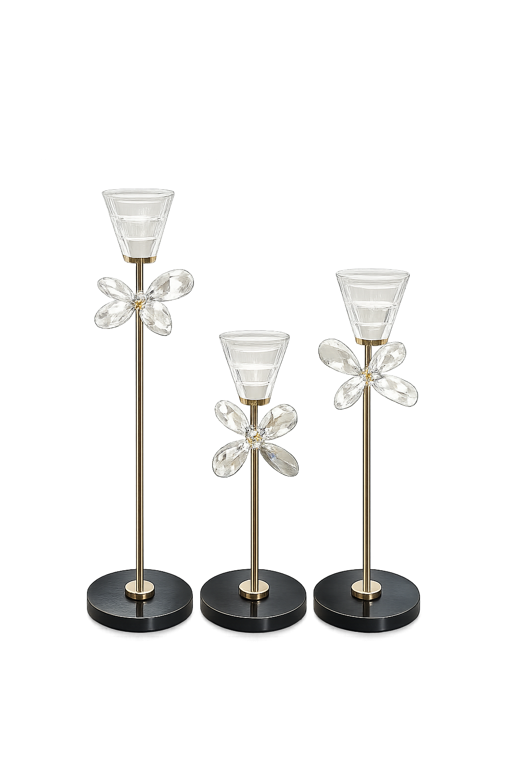 Luxury Crystal Flower Candle Holder Set (3 Pieces) | Gold Decorative Taper Candle Stands