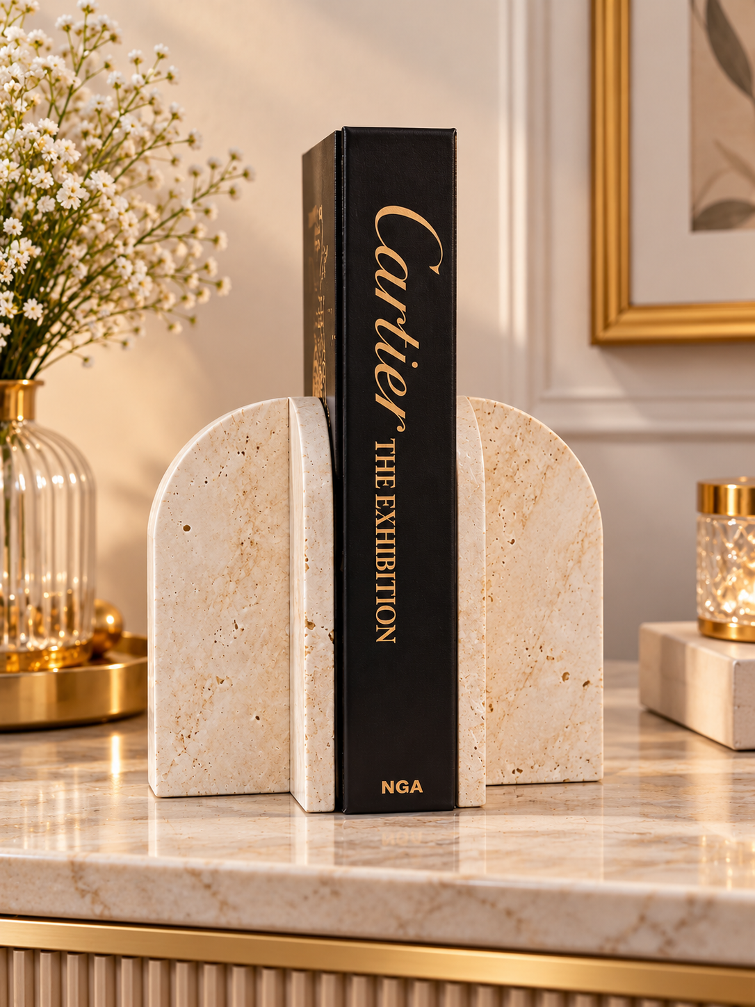Luxury Beige Stone-Look Bookends Set of 2 – Modern Decorative Book Stoppers