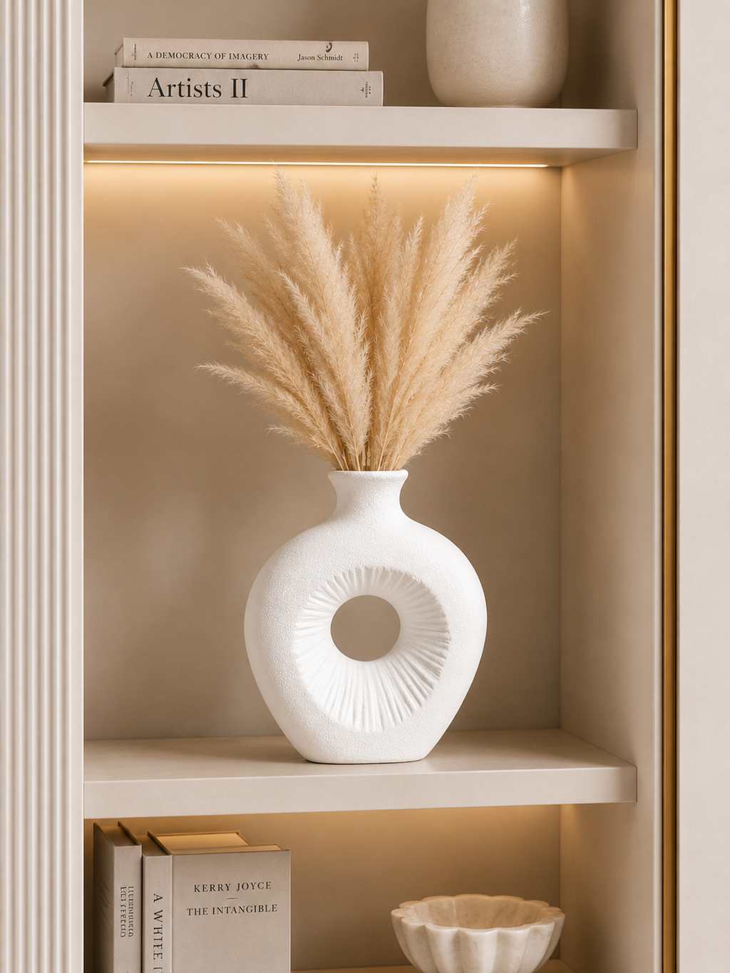 Modern White Ceramic Decorative Vase – Textured Round Cut-Out Design