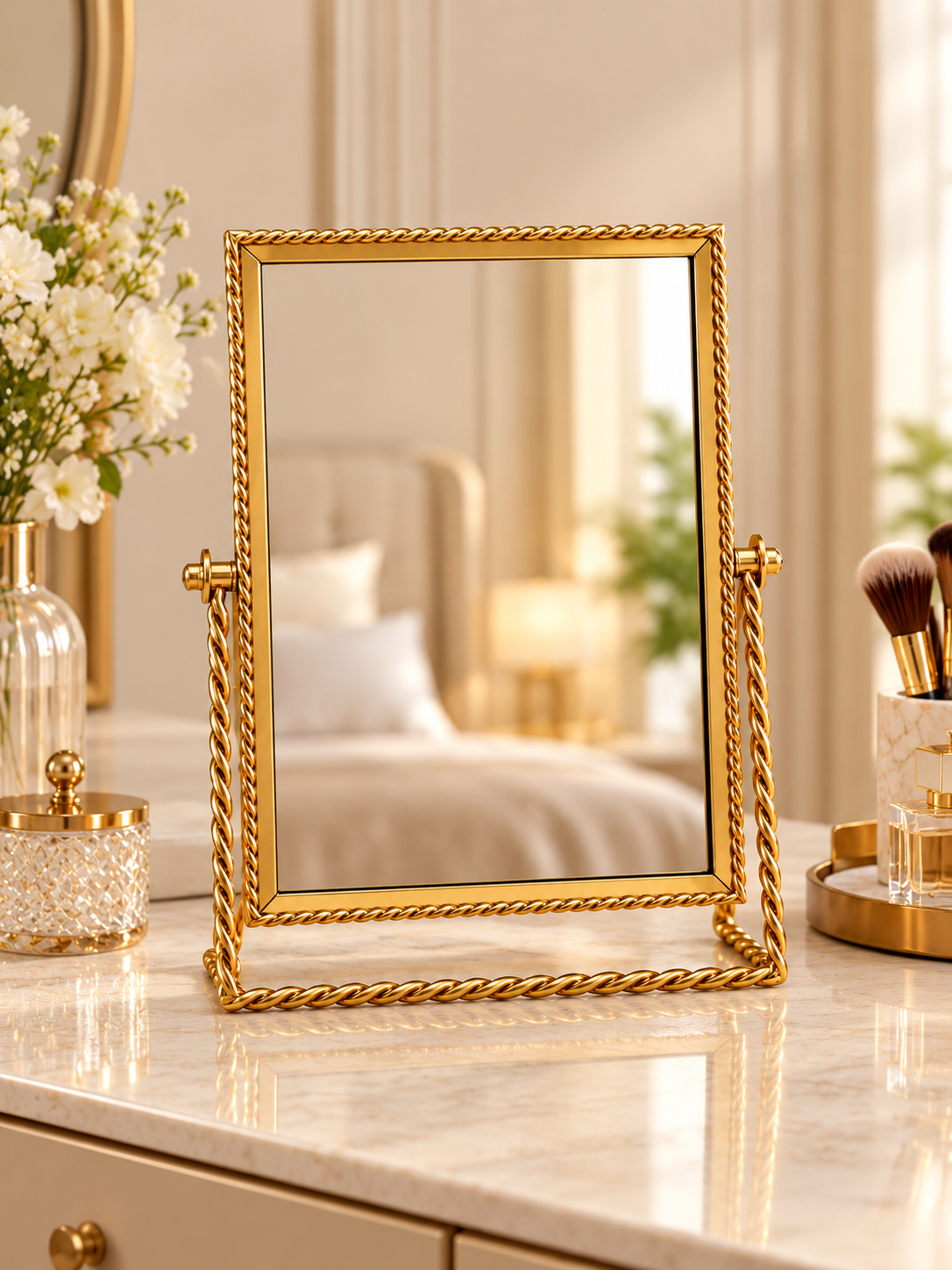 Luxury Gold Rectangular Tabletop Vanity Mirror – Twisted Rope Frame Dressing Mirror