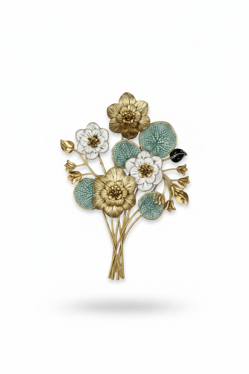 Luxury Floral Metal Wall Art | 3D Gold & White Flower Wall Decor with Blue Leaves