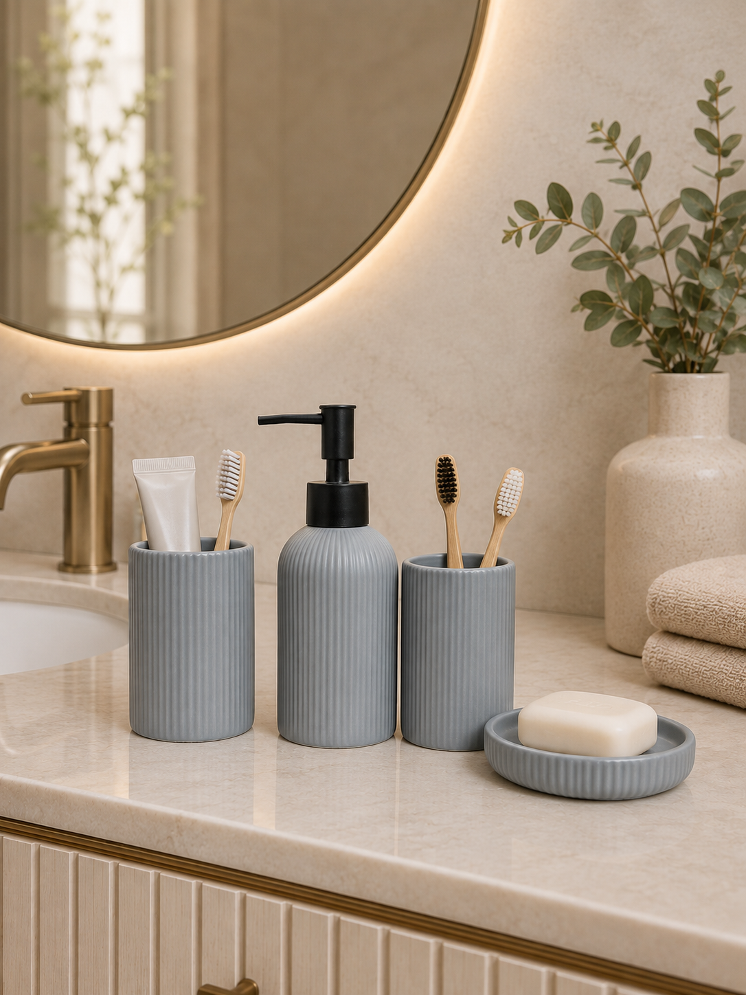4-Piece Ribbed Ceramic Bathroom Accessories Set | Soap Dispenser, Toothbrush Holder, Tumbler & Soap Dish