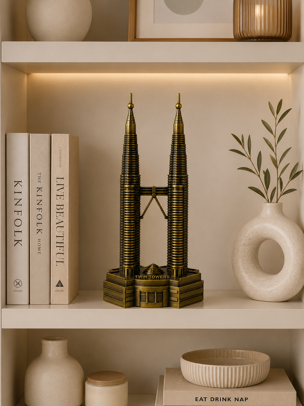 Twin Towers Metal Sculpture | Architectural Landmark Table Décor | Luxury Gold Home Accent