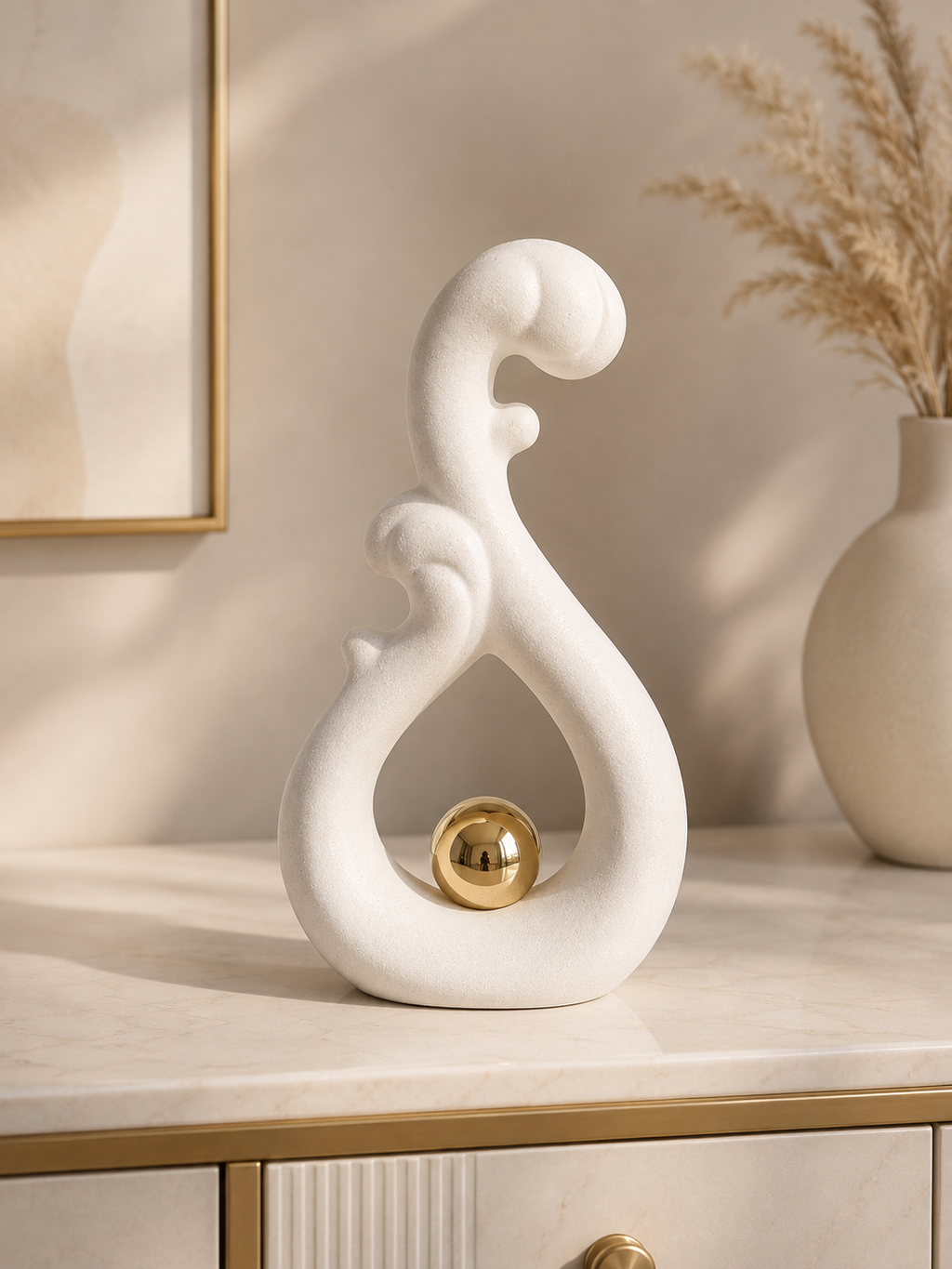 Modern Abstract Wave Sculpture with Gold Sphere – Elegant Home Décor