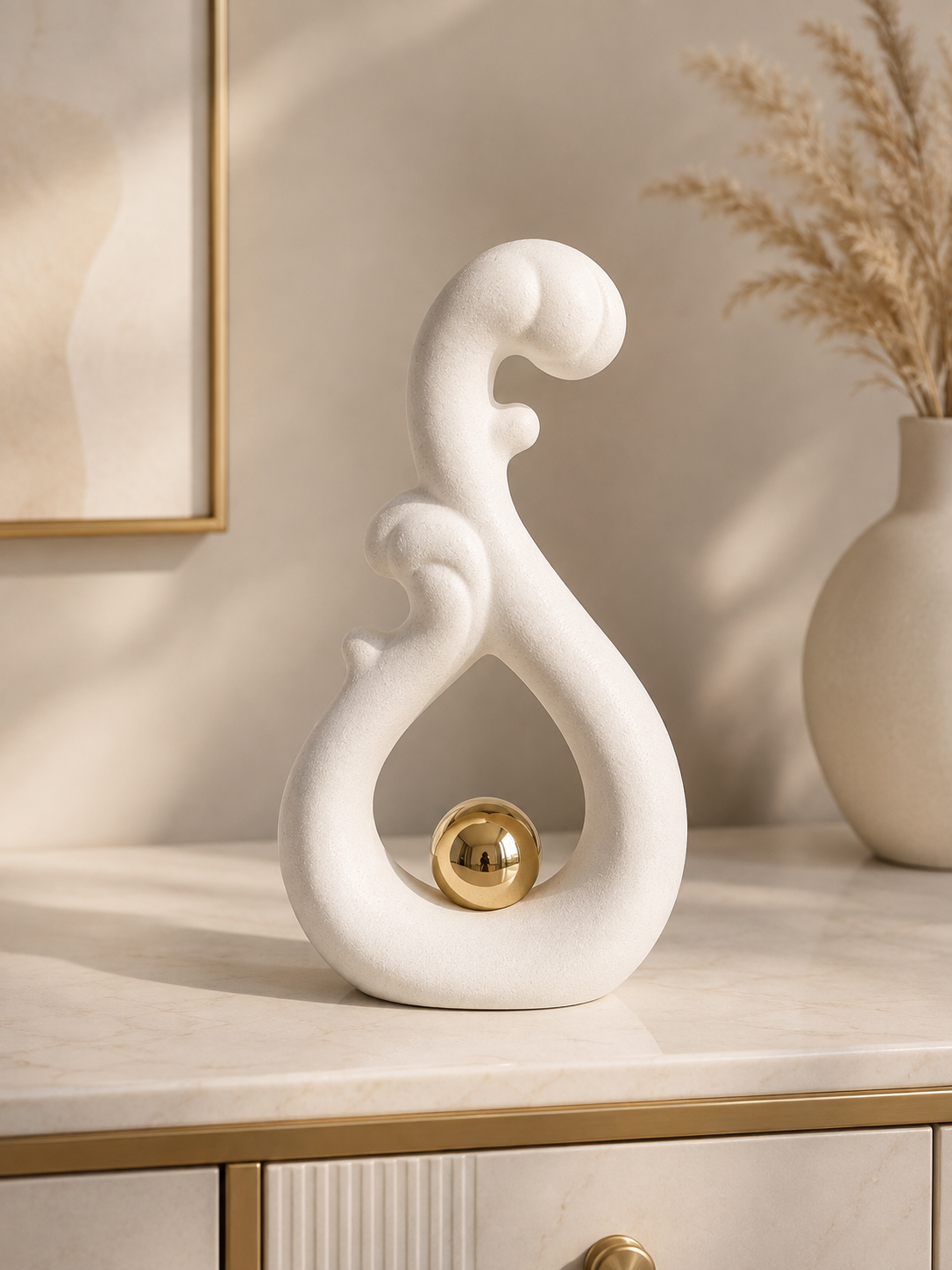 Modern Abstract Wave Sculpture with Gold Sphere – Elegant Home Décor